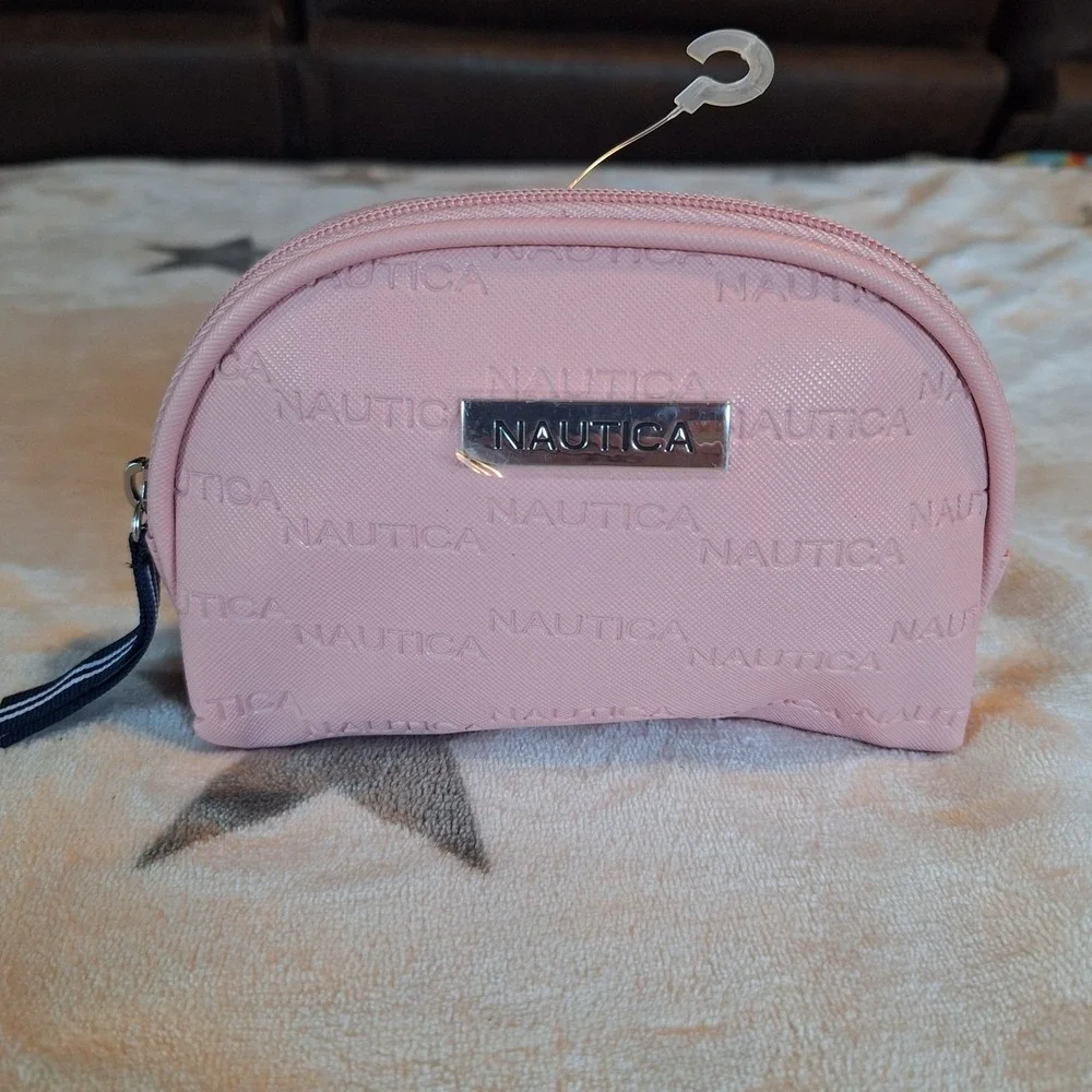 Nautica Cosmetic Bag Zip Pouch Pink Nautica Logo Print Navy Liner Makeup Travel